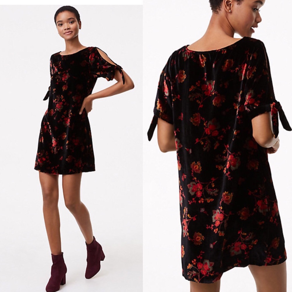 LOFT  Womens Fall Floral Velvet Split Sleeve Dress